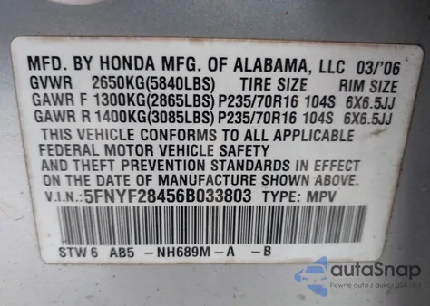 2006 Honda Pilot Ex z USA, uszkodzony, nr VIN 5FNYF28456B033803